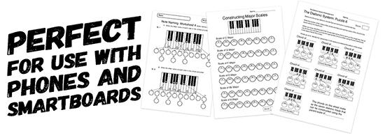 music theory worksheets and handouts for use with smartboards and phones
