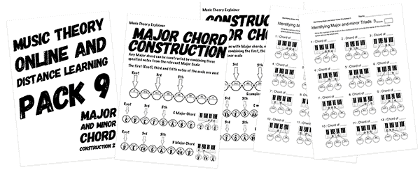 Music theory worksheets on Major and minor chords for distance learning and online study