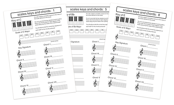 Music Theory scales keys and chord PDF worksheets to download and print